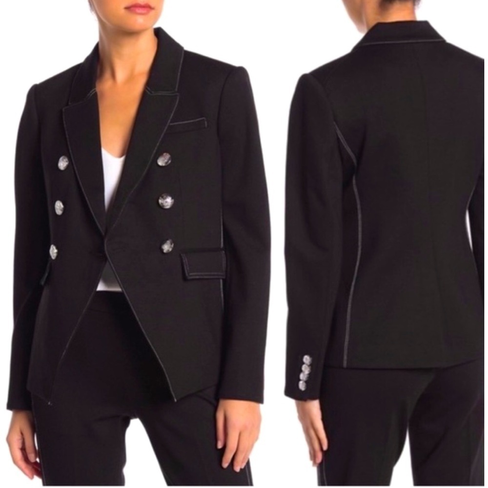 Tahari Double Breasted Black Blazer w/ White Top Stitching, Chrome Buttons, 10P